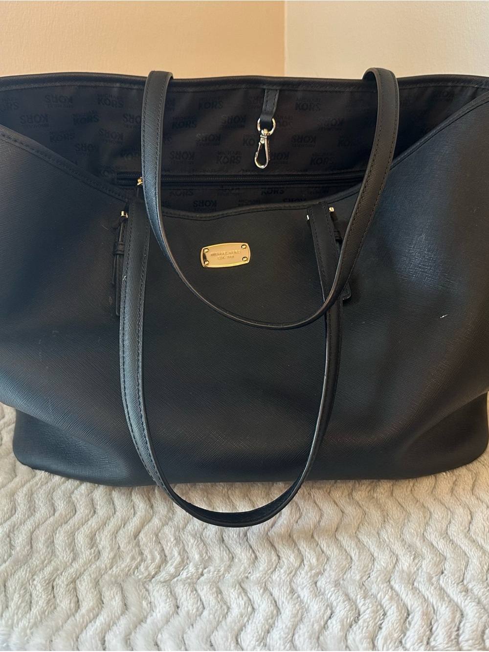 Michael Kors Black Leather Tote with Gold Plate